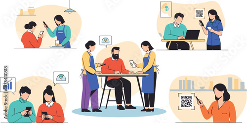 Set of people using QR codes for digital payments and contactless service in cafe restaurant and retail environments.