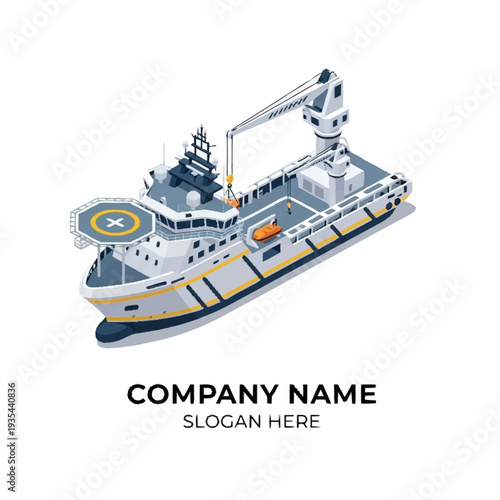 Offshore Supply Ship with Crane and Helipad.