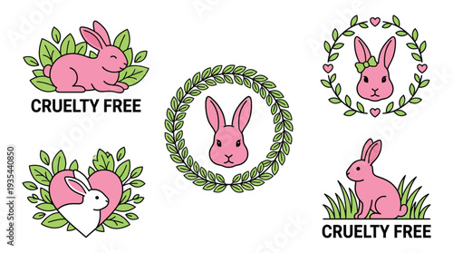 Pink Cruelty Free Rabbit Logos and Vegan Animal Welfare Icons Set