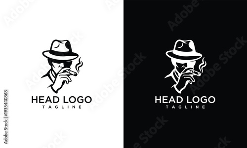 Vintage Gentleman Logo Vector - Man with Fedora Hat and Cigar Retro Gangster Detective Icon.