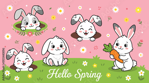 Cute cartoon bunnies celebrating spring with flowers and Hello Spring text