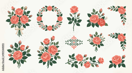 Elegant Rose Floral Vector Set with Vintage Botanical Arrangements