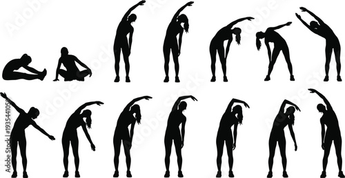 Woman stretching exercise silhouettes set vector, female fitness warm up poses isolated on white background illustration collection