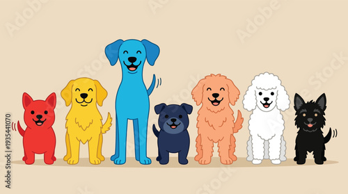 Seven diverse cute cartoon dogs standing together smiling happily