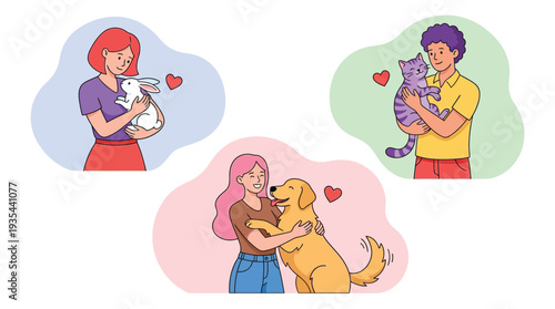 Happy Owners Bonding with Beloved Pets Dog Cat and Rabbit Illustrations