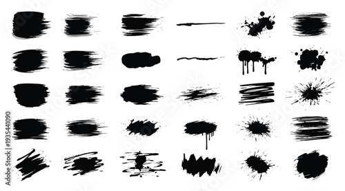 Collection of various black ink brush strokes and splatters on white background for artistic design