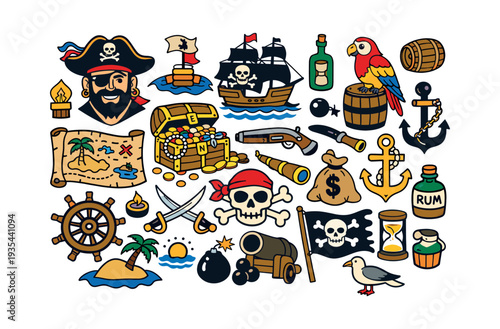 Collection of pirate and nautical adventure elements, featuring a treasure chest, compass, helm, rum bottle, and ship anchors