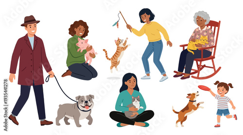 Diverse happy people with their beloved pets cats dogs and even a piglet
