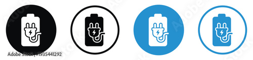 Battery charging icons featuring an electric plug with a lightning bolt. Four variations in black and blue circular frames representing power connection and active device charging status.