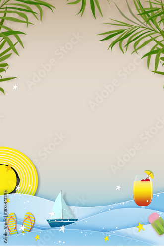 Summer beach holiday background with tropical palm leaves,ocean waves, sailboat,cocktail drink,flip flops on sand backdrop.Paper Art Colourful travel vacation banner, copy space for tourism promotion