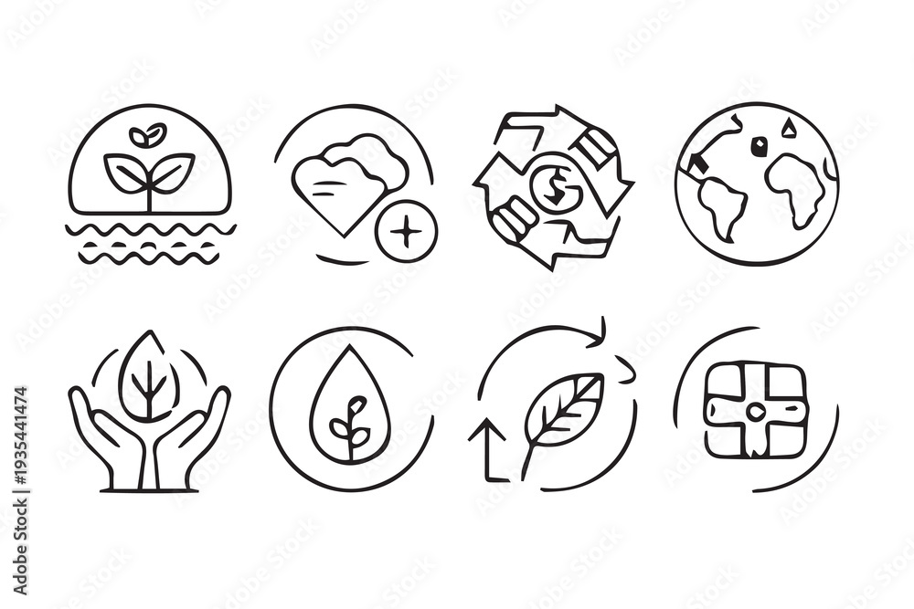 Fototapeta premium Eco-Friendly Icons Set Featuring Sustainable Elements Like Leaves, Water Droplets, Recycling Symbols, and Green Globe Illustrations for Environmental Conservation and Business Concepts