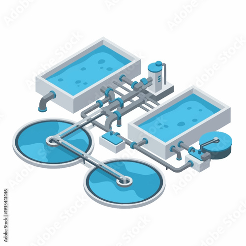 Water Treatment Plant Illustration with Tanks and Pipes.