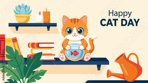 Cute orange cat holding goldfish in a bowl celebrates Happy Cat Day on a shelf