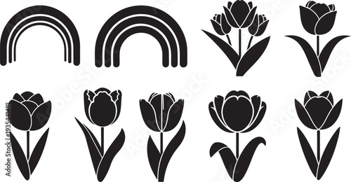 Black Silhouette Tulip Flowers and Rainbow Icon Set Graphic