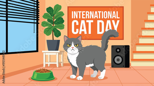 Grumpy grey cat stands next to International Cat Day sign with a food bowl