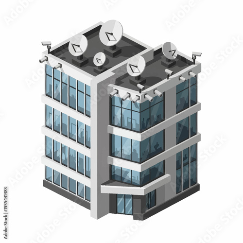Modern Office Building with Satellite Dishes.