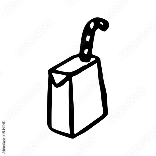 Hand-drawn doodle of a juice box with a striped straw, representing a healthy snack, childhood memories, and creative minimalist beverage design