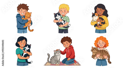 Happy diverse people lovingly interacting with their various pet cats