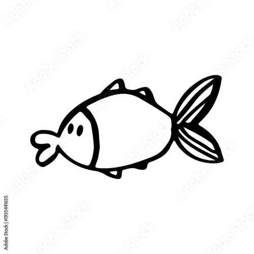 doodle of a minimalist fish character with a rounded body and a large tail fin, representing marine life, aquatic animals, and creative mascot design