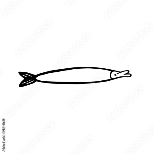 Hand-drawn doodle of a long, thin minimalist fish character with a small head and tail fin, representing marine life, aquatic species, and creative mascot