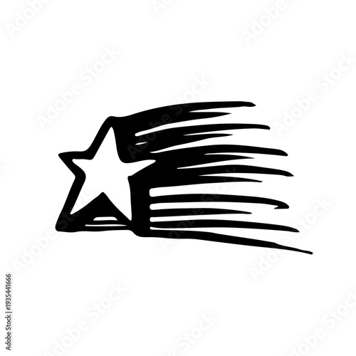 Hand-drawn doodle of a flying shooting star with a long speed trail, representing speed, wishes, cosmic motion, and creative minimalist celestial design