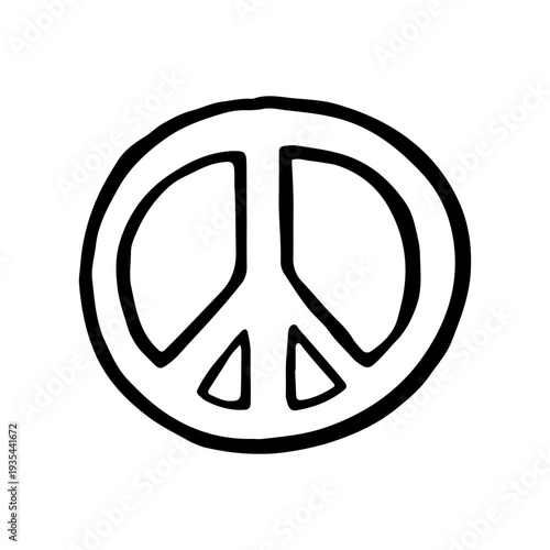Hand-drawn doodle of a classic peace symbol within a circle, representing harmony, anti-war movements, pacifism, and creative global unity design