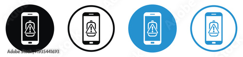 Smartphone with alert triangle and exclamation mark on battery. Vector icon set for battery malfunction, low power warning, or hardware error notification for mobile apps.