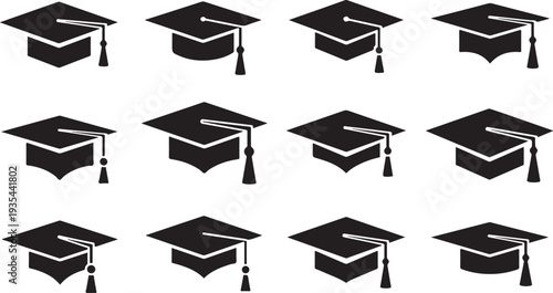 Graduation caps icons in black and white seamless pattern
