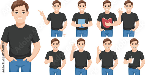 Young smiling man character pose collection vector illustration, casual male cartoon avatar with different gestures isolated on white background