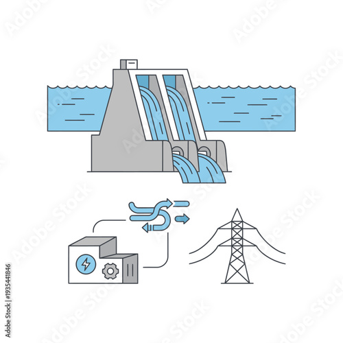 Hydroelectric Dam Generating Electricity with Flowing Water and Power Transmission Lines.eps