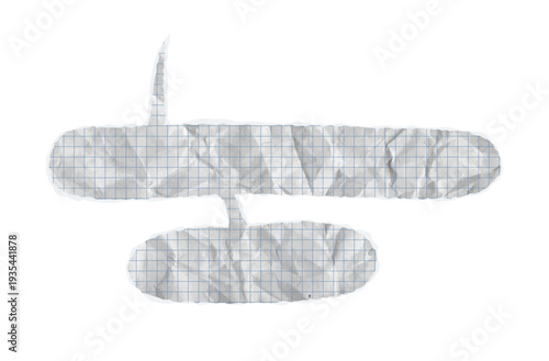 Torn paper speech bubble vector ripped chat balloon. Crumpled notebook texture, folded collage effect for conversation dialogue text. White empty double dialog cloud for school memo checkered sheet