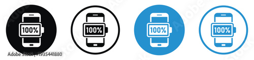 Mobile phone with 100% full battery charge indicator. Vector icon set representing completed charging, energy efficiency, and high power capacity for smartphone interfaces.