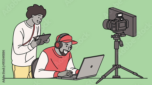 Flat vector illustration of two creative professionals collaborating on video production and digital content creation using a laptop and professional camera in a studio.