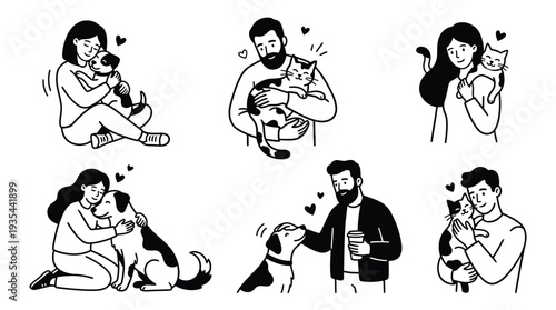 People hugging and petting their beloved dogs and cats in a vector illustration set