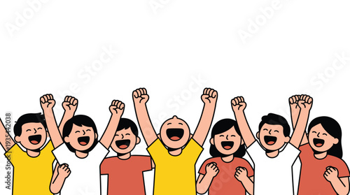 Group of diverse young people cheering with raised fists and joyful expressions