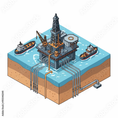 Offshore Oil Rig with Support Vessels and Pipelines.