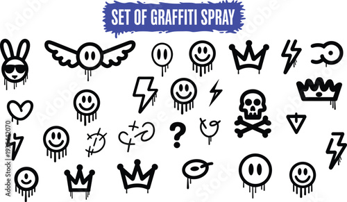 Set of black graffiti spray symbols including crowns, lightning bolts, smiley faces, and other white