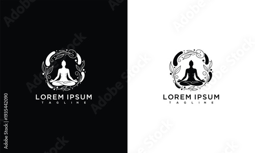 Mindful Yoga Meditation Logo  Lotus Pose Floral Frame Wellness  Spa Emblem.