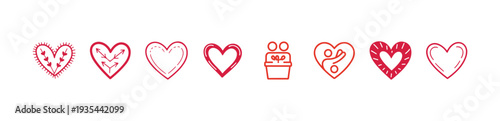 Collection of eight red and pink hearts various styles love romance and valentine day symbols set
