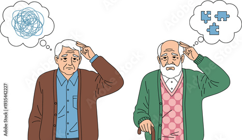 Senior elderly men suffering from memory loss and confusion representing alzheimers disease dementia and mental health decline concept.