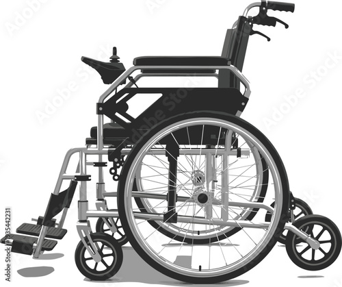 Wheelchair silhouette vector illustration, black modern manual wheelchair side view with large wheels and push rims for accessibility disability awareness designs