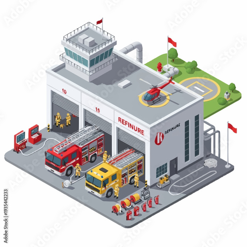 Fire Station with Vehicles and Equipment.
