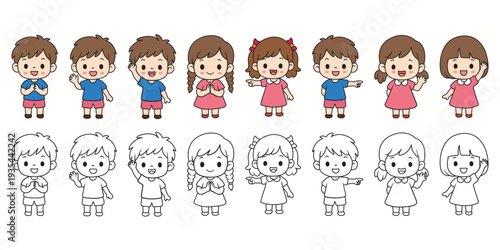 Set of cute kids characters in various poses with colored and black outline art for education coloring book