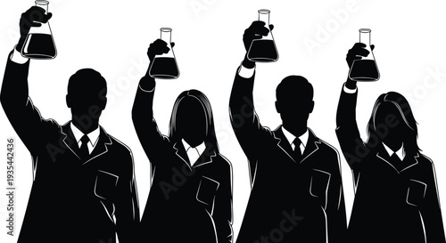 Team of scientists raising laboratory flasks with liquid, chemistry research and medical experiment silhouette vector illustration isolated