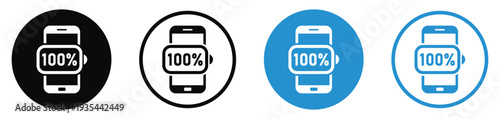 Mobile phone with 100% full battery charge indicator. Vector icon set representing completed charging, energy efficiency, and high power capacity for smartphone interfaces.