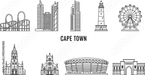 Cape Town city landmark icon set featuring outline vectors of stadium lighthouse ferris wheel church and skyscraper buildings.