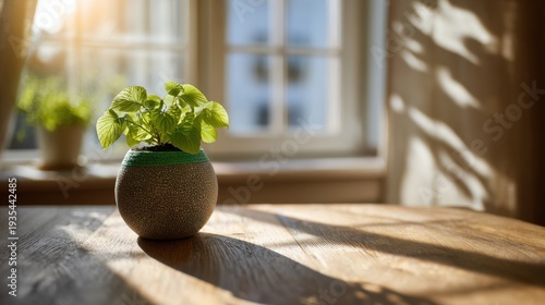 Sunlit indoor potted plant on wooden table for home decor background and interior design showcasing natural minimalism and fresh greenery lifestyle
