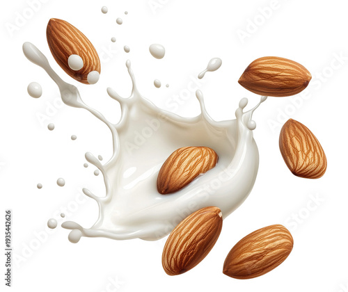 Almond nuts splashing in creamy milk wave, isolated on transparent cutout background