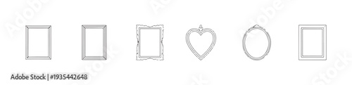 Collection of six different black outline decorative frames square round and heart shapes border set