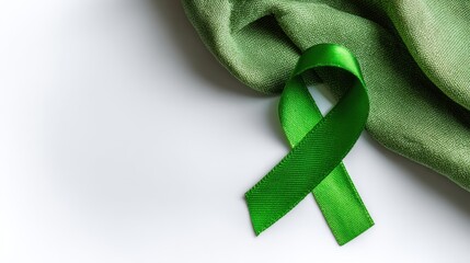 Green awareness ribbon on textured green fabric for mental health support and charity campaign use in card, Donate Life Month